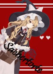 Rule 34 | 1girl, apron, bad id, bad twitter id, bag, black capelet, black dress, black hat, blonde hair, bow, braid, brooch, capelet, commentary request, cover, cowboy shot, dress, fur trim, gloves, hair bow, hat, hat bow, heart, highres, holding, holding bag, jewelry, jpeg artifacts, kirisame marisa, long hair, pink lips, puffy short sleeves, puffy sleeves, red background, red bow, shi chimi, short sleeves, simple background, single braid, solo, star (symbol), touhou, waist apron, white apron, white bow, white gloves, witch hat, yellow eyes