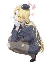 Rule 34 | 1girl, absurdres, black footwear, black hat, black jacket, blonde hair, blue archive, blush, breasts, closed eyes, earrings, fang, gloves, grey pantyhose, halo, hat, highres, jacket, jewelry, large breasts, long hair, long sleeves, multicolored hair, oh (aung ae), open mouth, pantyhose, pencil skirt, pina (blue archive), pina (guide) (blue archive), red hair, shoes, simple background, skin fang, skirt, solo, squatting, sweat, torn clothes, torn pantyhose, tour guide, very long hair, white background, white gloves