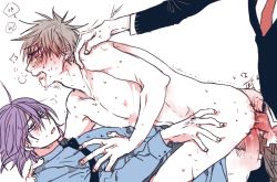 Rule 34 | 3boys, abs, anal, ass, bara, blush, brown hair, clothed sex, cum, cum in ass, cumdrip, double penetration, drooling, ejaculating while penetrated, ejaculation, erection, group sex, kiyoshi teppei, kuroko no basuke, male focus, male penetrated, multiple boys, multiple penetration, multiple penises, murasakibara atsushi, muscular, necktie, nipples, nude, penis, purple hair, saliva, school uniform, sex, straddling, sweat, tears, testicles, white background, wince, yaoi