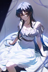 Rule 34 | 1girl, bare shoulders, black hair, breasts, cleavage, closed mouth, collarbone, commentary, dress, frilled dress, frills, gahi, highres, long hair, looking at viewer, medium breasts, original, red eyes, sidelocks, sitting, solo, symbol-only commentary, very long hair, white dress