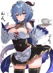 Rule 34 | 1girl, ahoge, alternate costume, bare shoulders, bell, black dress, black thighhighs, blue hair, blush, breasts, cleavage, commentary request, cup, curled horns, detached sleeves, dress, facing viewer, ganyu (genshin impact), genshin impact, goat horns, gold trim, highres, horns, large breasts, long hair, looking ahead, low ponytail, maid, maid cafe, maid headdress, neck bell, pink eyes, purple eyes, rope, sidelocks, simple background, solo, the olphy, thighhighs, tray, white background