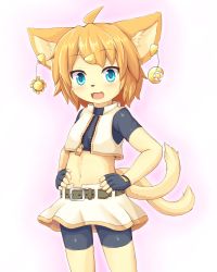 Rule 34 | 1girl, animal ears, bike shorts, blue eyes, blush, borrowed character, commentary request, female focus, fingerless gloves, furry, furry female, gloves, gradient background, hands on own hips, kida kuro mu, midriff, multiple tails, open mouth, original, short hair, skirt, smile, solo, tail, two tails, white background