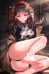 Rule 34 | 1girl, absurdres, ass, barefoot, blush, breasts, brown hair, coat, come hither, feet, goddess of victory: nikke, hair ornament, highres, legs, long hair, looking at viewer, medium breasts, pupy exe, red eyes, sakura (nikke), smile, smoking pipe, soles, solo, thigh strap, thong, toes