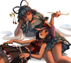 Rule 34 | 2girls, absurdres, bare shoulders, beads, blue dress, bracelet, dress, drooling, feet out of frame, grin, hair ornament, hair rings, hair stick, hat, hat ornament, highres, jewelry, jiangshi, kaku seiga, kiseru, looking at another, lying, miyako yoshika, multiple girls, ofuda, open mouth, smoking pipe, purple headwear, red pupils, simple background, smile, star (symbol), star hat ornament, touhou, umamimochi, white background