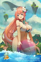 Rule 34 | &gt; &lt;, 1boy, 2girls, :d, ahoge, artist name, ball, bare arms, bare shoulders, beachball, bikini, black bikini, blue sky, blush, breasts, brown hair, cleavage, closed eyes, cloud, cloudy sky, commentary, day, dragalia lost, english commentary, floating island, flower, flying whale, green eyes, green hair, hair flower, hair ornament, halterneck, hentaki, high ponytail, highres, innertube, large breasts, long hair, louise (dragalia lost), mini person, miniboy, mismatched bikini, multiple girls, muscular, navel, open mouth, outdoors, ponytail, ranzal (dragalia lost), size difference, sky, smile, solo focus, standing, swim ring, swimsuit, transparent, very long hair, wading, water, watermark, web address, whale, white bikini, white flower