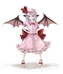Rule 34 | 1girl, bat wings, belt, buttons, closed mouth, dress, expressionless, female focus, pink dress, red eyes, remilia scarlet, shippori, shishou, short hair, silver hair, simple background, solo, spikes, standing, touhou, vampire, white background, wings