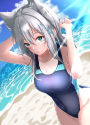 Rule 34 | 1girl, :o, absurdres, animal ears, aqua eyes, bare arms, bare shoulders, blue archive, blue one-piece swimsuit, blush, breasts, cat ears, cleavage, competition swimsuit, core1013, covered navel, cross hair ornament, grey hair, hair ornament, hands up, highres, large breasts, long hair, looking at viewer, ocean, one-piece swimsuit, outdoors, parted lips, shiroko (blue archive), shiroko (swimsuit) (blue archive), sky, solo, swimsuit, water