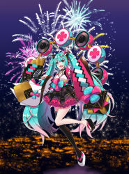 Rule 34 | 1girl, :d, absurdres, aerial fireworks, aqua eyes, aqua hair, asymmetrical footwear, fireworks, folding fan, gradient hair, hair ornament, hairclip, hand fan, hatsune miku, highres, holding, holding fan, huge filesize, long hair, long sleeves, macha 3939, magical mirai (vocaloid), magical mirai miku, magical mirai miku (2020 summer), mismatched footwear, multicolored hair, night, night sky, open mouth, outdoors, pink hair, platform footwear, pleated skirt, single thighhigh, skirt, sky, sleeves past wrists, smile, solo, thighhighs, twintails, very long hair, vocaloid, white footwear, wide sleeves, x hair ornament