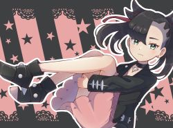 Rule 34 | 1girl, ankle boots, asymmetrical bangs, black choker, black footwear, black hair, black jacket, black nails, blush, boots, choker, closed mouth, commentary request, creatures (company), dress, earrings, from side, game freak, green eyes, hair ribbon, highres, jacket, jewelry, marnie (pokemon), medium hair, nail polish, nintendo, open clothes, open jacket, pink dress, pokemon, pokemon swsh, red ribbon, ribbon, solo, star (symbol), tsubakiex