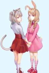 Rule 34 | 2girls, animal ears, artist name, blue background, braid, brown hair, cat ears, cat tail, dress, elin, highres, holding hands, kneehighs, long hair, looking back, mavoly, multiple girls, pink dress, ponytail, rabbit ears, rabbit tail, red eyes, red skirt, shirt, signature, silver hair, simple background, skirt, smile, socks, striped clothes, striped legwear, striped socks, tail, tera online, twin braids, twintails, white legwear, white shirt