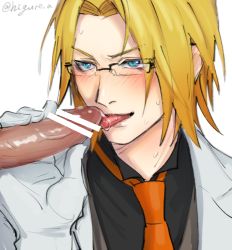 Rule 34 | 2boys, blonde hair, blue eyes, censored, dash10, eizen (tales), glasses, gloves, grin, licking, male focus, multiple boys, naughty face, penis, tagme, tales of (series), tales of berseria, tongue, yaoi