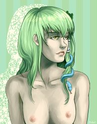Rule 34 | 1girl, artist name, breasts, collarbone, commentary, frog hair ornament, green background, green hair, hair ornament, hair tubes, highres, kochiya sanae, lips, neonparrot, nipples, nude, realistic, small breasts, snake hair ornament, solo, touhou, upper body, yellow eyes