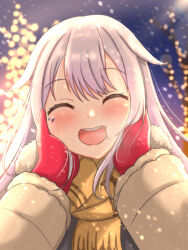 Rule 34 | 1girl, alpha cas, blush, closed eyes, gloves, hair flaps, hands on another&#039;s cheeks, hands on another&#039;s face, highres, hololive, hololive english, koseki bijou, open mouth, pov, pov hands, purple hair, scarf, smile, snowing, virtual youtuber