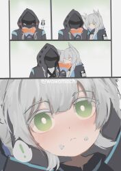 Rule 34 | !, 1girl, 1other, absurdres, animal ear fluff, animal ears, arknights, blush, cat ears, closed eyes, closed mouth, crepe, ear wiggle, eating, food, food on face, green eyes, grey hair, highres, holding, holding food, hood, long hair, looking at viewer, pov, rosmontis (arknights), speech bubble, spoken exclamation mark, wawamachi (wawamachis)