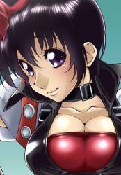 Rule 34 | 1girl, armor, black hair, blue background, blush, breasts, choker, cleavage, gloves, large breasts, lips, purple eyes, rutee katrea, short hair, smile, solo, tales of (series), tales of destiny, upper body