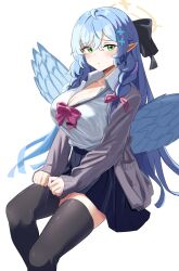 Rule 34 | 1girl, alternate costume, angel, angel wings, black thighhighs, blue archive, blue hair, braid, breasts, cleavage, green eyes, grey jacket, halo, highres, jacket, large breasts, long hair, looking at viewer, mine (blue archive), pointy ears, ribbon, sashu (thershr6s), school uniform, side braid, simple background, sitting, solo, thighhighs, very long hair, white background, wings, zettai ryouiki