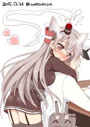 Rule 34 | 10s, 1boy, 1girl, ^ ^, admiral (kancolle), amatsukaze (kancolle), blush, breasts, brown dress, closed eyes, commentary request, dated, desk, dress, closed eyes, faceless, faceless male, garter straps, grey hair, hair tubes, hairband, hat, heart, hetero, hug, hug from behind, kantai collection, long hair, long sleeves, military, military uniform, open mouth, rensouhou-kun, short dress, simple background, sitting, smile, smoke, smoke trail, sweat, thighhighs, twitter username, two side up, uniform, watsuki ayamo, white background, zettai ryouiki