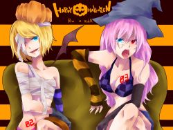 Rule 34 | 2girls, bad id, bad pixiv id, bandages, bikini, bikini top only, blonde hair, blue eyes, elbow gloves, gloves, hat, heterochromia, highres, kagamine rin, crossed legs, long hair, megurine luka, midriff, multiple girls, navel, pink hair, rate-rt, red eyes, short hair, sitting, smile, swimsuit, tattoo, tongue, vocaloid, witch hat