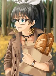 Rule 34 | 1girl, antenna hair, bag, baguette, bespectacled, black-framed eyewear, black hair, blue eyes, blurry, bread, buttons, choker, coat, collarbone, crescent, crescent earrings, day, depth of field, earrings, flat chest, food, forest, ganaha hibiki, glasses, hair ribbon, hand in pocket, holding, hoop earrings, idolmaster, idolmaster (classic), jewelry, kanon (ayaka666), long hair, looking away, nature, open clothes, open coat, outdoors, over-rim eyewear, paper bag, ponytail, ribbon, semi-rimless eyewear, sleeves past elbows, smile, solo, tank top, tree, unbuttoned, upper body, watch, white ribbon, wristwatch