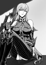 Rule 34 | 1girl, absurdres, arm support, bare shoulders, breasts, bu ruo1996 (caricaturist), gloves, greyscale, half gloves, highres, large breasts, long hair, looking at viewer, military uniform, monochrome, selvaria bles, senjou no valkyria, senjou no valkyria (series), senjou no valkyria 1, sitting, solo, uniform, very long hair