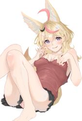 Rule 34 | 1girl, 9tk9m, ahoge, animal ears, black shorts, blonde hair, blush, breasts, camisole, culottes, fox ears, fox girl, fox tail, hands on own chest, highres, hololive, long hair, looking at viewer, lying, medium breasts, multicolored hair, omaru polka, panties, pink hair, pink panties, purple eyes, red camisole, shorts, simple background, smile, solo, streaked hair, tail, thighs, underwear, upshorts, virtual youtuber, white background