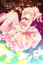 Rule 34 | 1girl, blonde hair, breasts, cleavage, closed eyes, commentary, crescent, crown, dress, elbow gloves, english commentary, english text, gloves, highres, mini crown, moon (usagi nui), no nose, original, parted lips, personification, petticoat, short hair, sleeveless, sleeveless dress, small breasts, socks, solo, star (symbol), usagi nui, yellow dress, yellow gloves, yellow socks