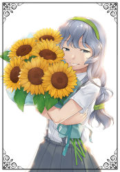 Rule 34 | 1girl, bouquet, braid, cowboy shot, flower, green hairband, grey eyes, grey skirt, hairband, heibonkaeru, kantai collection, long hair, looking at viewer, parted lips, pleated skirt, shirt, sidelocks, simple background, single braid, skirt, smile, solo, sunflower, wavy hair, white background, white shirt, yamagumo (kancolle)