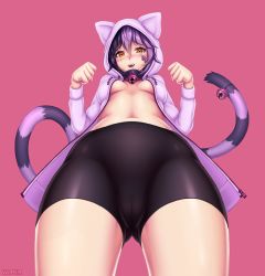 Rule 34 | 1girl, :d, absurdres, animal ears, animal hood, bell, black shorts, blush, breasts, breasts apart, cameltoe, cat ears, cat tail, cheshire cat (monster girl encyclopedia), collar, commentary, drooling, english commentary, facial mark, highres, hood, hood up, hoodie, looking at viewer, looking down, monster girl, monster girl encyclopedia, navel, neck bell, no bra, nose blush, open mouth, purple hair, purple hoodie, red background, short shorts, shorts, simple background, smile, solo, standing, tail, tail bell, tail ornament, wlper