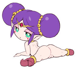 Rule 34 | 1girl, ass, bad id, bad pixiv id, cleft of venus, fat mons, from behind, green eyes, half-closed eyes, looking at viewer, looking back, nollety, nude, pandora (youkai watch), pointy ears, purple hair, pussy, simple background, solo, spread legs, white background, traditional youkai, youkai watch
