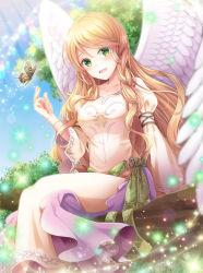 Rule 34 | 1girl, blonde hair, blue sky, bug, butterfly, day, dress, feathered wings, fire emblem, fire emblem: path of radiance, green eyes, highres, if oki, bug, leanne (fire emblem), long hair, long sleeves, nintendo, open mouth, outdoors, sitting, sky, solo, white wings, wings