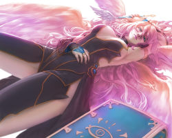 Rule 34 | 1girl, angel wings, archangel metatron (p&amp;d), armpits, banajune, blue eyes, book, breasts, large breasts, long hair, looking at viewer, lying, pink hair, puzzle &amp; dragons, quill, revision, solo, wings