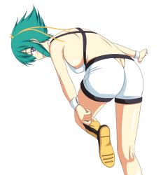 Rule 34 | 10s, 1girl, aquarion (series), aquarion evol, ass, ass cutout, back, bare shoulders, boots, breasts, butt crack, clothing cutout, female focus, from behind, green hair, hair ribbon, large breasts, open mouth, purple eyes, ribbon, shiny skin, short hair, short shorts, shorts, sideboob, simple background, smile, solo, teya, wrist cuffs, zessica wong