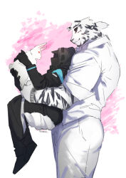 Rule 34 | 1boy, 1other, ai manato, animal, animal ears, arknights, ass, bara, carrying, carrying person, chinese zodiac, doctor (arknights), facial hair, feet out of frame, formal, furry, furry male, goatee, high ponytail, holding, holding animal, male focus, mountain (arknights), mountain (book reader) (arknights), muscular, muscular male, official alternate costume, rabbit, scar, scar across eye, scar on arm, short hair, size difference, smile, suit, thick eyebrows, tiger boy, tiger ears, white hair, year of the rabbit