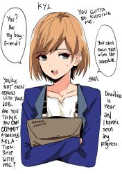 Rule 34 | 10s, 1girl, absurdres, brown hair, collarbone, cropped torso, crossed arms, english text, facing viewer, highres, looking at viewer, miyamori aoi, norman maggot, open mouth, rejection, shirobako, short hair, simple background, solo, speech bubble, sweatdrop, text focus, upper body, white background