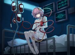 Rule 34 | 1girl, absurdres, alternate costume, bandaged leg, bandages, bed, blood, blood bag, closed mouth, commentary, commission, dress, english commentary, full body, highres, hospital bed, hospital gown, intravenous drip, iv stand, komeiji satori, looking at viewer, messy hair, nezo, pink hair, red eyes, short hair, sitting, solo, third eye, touhou, white dress