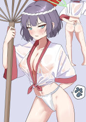 Rule 34 | 1girl, absurdres, anger vein, ass, black hair, blue archive, blush, breasts, cleavage, collarbone, covered erect nipples, fundoshi, green eyes, green halo, grey background, hachimaki, halo, headband, highres, japanese clothes, large breasts, looking at viewer, mochini, multiple views, navel, nejiri hachimaki, open mouth, saki (blue archive), short hair, simple background, spoken anger vein