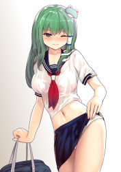Rule 34 | 1girl, bag, blue sailor collar, blue skirt, blush, breasts, closed mouth, clothes lift, culter, frog hair ornament, gradient background, green hair, grey background, hair ornament, hair tubes, highres, kochiya sanae, long hair, medium breasts, midriff, navel, neckerchief, one eye closed, panties, pleated skirt, red neckerchief, sailor collar, school uniform, serafuku, simple background, skirt, skirt lift, snake hair ornament, stomach, thighs, touhou, underwear, wet, wet clothes, white background, white panties