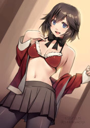 Rule 34 | 1girl, bare shoulders, bikini, blue eyes, breasts, brown hair, christmas, cowboy shot, hayasui (kancolle), kantai collection, looking at viewer, medium breasts, navel, nikuoji, open mouth, pantyhose, partially undressed, pleated skirt, ribbon, santa bikini, short hair, skirt, smile, solo, sweater, swimsuit, undressing