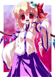 Rule 34 | 1girl, blonde hair, blouse, collared shirt, cosplay, female focus, flandre scarlet, gradient background, hair between eyes, if they mated, kochiya sanae, kochiya sanae (cosplay), miuku (marine sapphire), pink background, red eyes, ribbon, shirt, sleeveless, sleeveless shirt, solo, touhou