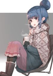 Rule 34 | 1girl, black gloves, black pantyhose, blue hair, blush, boots, brown footwear, brown skirt, commentary request, cup, fingerless gloves, gloves, green jacket, grey background, hair bun, highres, holding, holding mug, jacket, long skirt, long sleeves, looking at viewer, mug, mugcup, open mouth, pantyhose, purple eyes, shima rin, sidelocks, signature, single hair bun, sitting, skirt, solo, steam, teeth, two side up, upper teeth only, white background, yurucamp