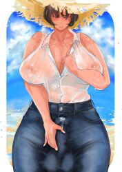 Rule 34 | 1girl, balls outline, beach, blue jeans, blush, breasts, brown hair, bulge, buttons, cleavage, collared shirt, cum, cum in clothes, curvy, denim, erection, erection under clothes, futanari, hand on own penis, hat, highres, huge breasts, huge testicles, jeans, large areolae, large penis, mature female, mole, mole under eye, nervous smile, nipples, nipples visible through shirt, no bra, pants, penis, purple eyes, shirt, short hair, sleeveless, sleeveless shirt, smile, solo, straw hat, sweat, taba, testicles, thick thighs, thighs, white shirt, wide hips