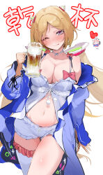 Rule 34 | absurdres, aki rosenthal, beer mug, blonde hair, blue jacket, blush, breasts, camisole, cleavage, commentary request, cup, detached hair, floating hair, foam mustache, highres, holding, holding cup, hololive, horns, jacket, large breasts, looking at viewer, menomeno draw, mug, navel, one eye closed, revealing clothes, ribbon, short hair, shorts, single thighhigh, thighhighs, translation request, upper body, virtual youtuber, white camisole, white shorts, white thighhighs
