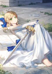 Rule 34 | 1girl, alternate costume, antenna hair, artist name, artoria pendragon (all), artoria pendragon (fate), bare shoulders, barefoot, blonde hair, blue bow, blush, bow, breasts, closed mouth, day, dress, excalibur (fate/stay night), fate/stay night, fate (series), green eyes, hair bow, hand on own stomach, holding, holding sword, holding weapon, knees up, long dress, long hair, looking at viewer, moss, on ground, outdoors, ponytail, puddle, roang, saber (fate), sleeveless, sleeveless dress, small breasts, solo, sunlight, sword, weapon, white dress