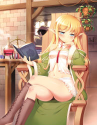 Rule 34 | 1boy, 1girl, alchemy, beaker, black panties, blonde hair, blue eyes, blush, book, boots, breasts, brown hair, chair, head rest, detached collar, dust, duster, dusting, edita (tanaka the wizard), elf, flask, head scarf, knee boots, lace-up boots, crossed legs, long hair, looking at viewer, m-da s-tarou, midriff, navel, open book, panties, pointy ears, reading, robe, sitting, skirt, small breasts, solo focus, steam, tanaka the wizard, test tube, underwear, yoshio tanaka