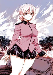 Rule 34 | 10s, 1girl, arm support, black skirt, blonde hair, blue eyes, braid, closed mouth, cloud, cloudy sky, commentary request, cowboy shot, darjeeling (girls und panzer), day, epaulettes, forest, funky function, girls und panzer, jacket, light smile, long sleeves, looking at viewer, military, military jacket, military uniform, military vehicle, miniskirt, motor vehicle, mountain, muted color, nature, outdoors, pleated skirt, red jacket, short hair, skirt, sky, solo, st. gloriana&#039;s military uniform, standing, swept bangs, tank, tank turret, thighs, tree, twin braids, uniform, wide hips
