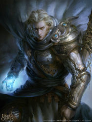 Rule 34 | 1boy, armor, brown eyes, cape, chain, copyright name, dated, gloves, highres, justice wong, legend of the cryptids, long hair, magic, male focus, official art, solo, staff, white hair