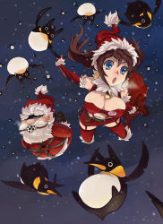 Rule 34 | 1boy, 1girl, bad id, bad pixiv id, ball gag, bird, blindfold, blue eyes, breasts, brown hair, caee penguin, christmas, gag, gagged, hat, highres, large breasts, long hair, night, open mouth, original, penguin, rope, santa claus, santa costume, santa hat, satire, sky, snow, twintails, wiffle gag