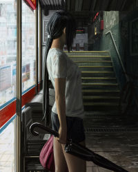 Rule 34 | 1girl, black hair, black shorts, blouse, commentary, from side, guweiz, highres, long hair, looking away, original, ponytail, red bag, see-through, see-through shirt, shirt, shorts, solo, standing, symbol-only commentary, train station, umbrella, very long hair, white shirt