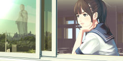Rule 34 | 1girl, blunt bangs, brown eyes, brown hair, classroom, closed mouth, commentary request, day, fingernails, forest, from side, head rest, looking afar, medium hair, munakata (hisahige), nature, open window, original, ponytail, power lines, reflection, sailor collar, school, school uniform, serafuku, short sleeves, sidelocks, sitting, solo, statue, utility pole, window