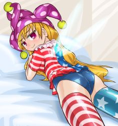 Rule 34 | 1girl, alternate legwear, american flag dress, american flag legwear, ass, blonde hair, blush, clownpiece, dress, fairy wings, hat, jester cap, long hair, looking at viewer, lying, neck ruff, on bed, on stomach, one-piece swimsuit, pink eyes, polka dot, school swimsuit, short dress, smile, solo, star (symbol), star print, striped clothes, striped thighhighs, swimsuit, swimsuit under clothes, thighhighs, touhou, very long hair, wavy hair, wings, winn